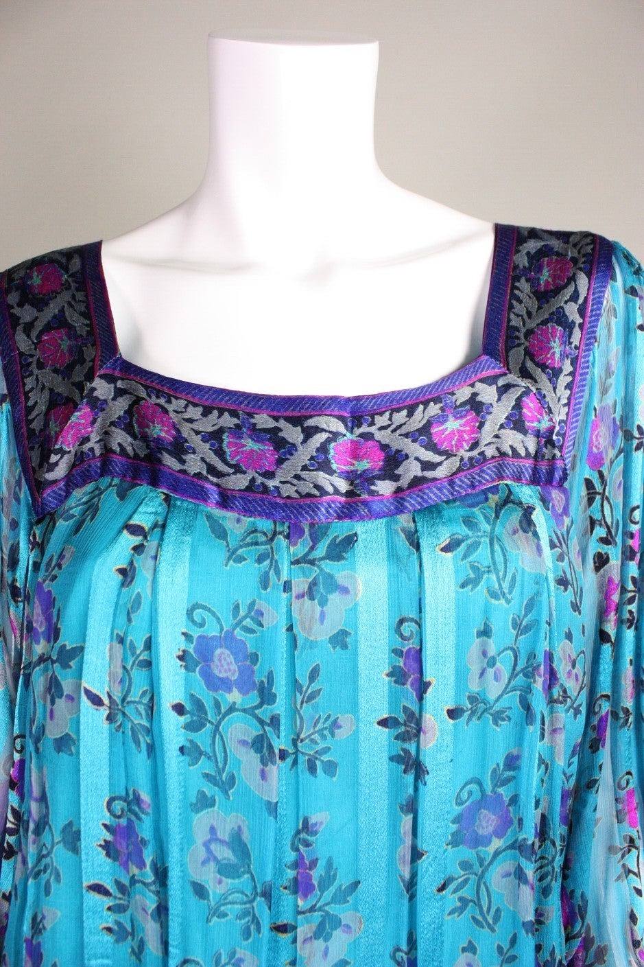 1970's Raksha Turquoise Silk Chiffon Maxi Dress 2