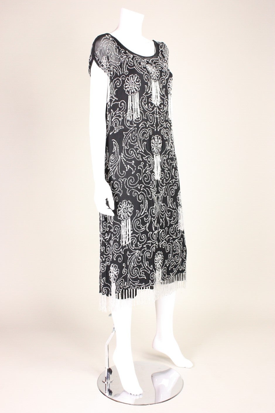 Black 1920's Art Deco Beaded Chiffon Dress For Sale