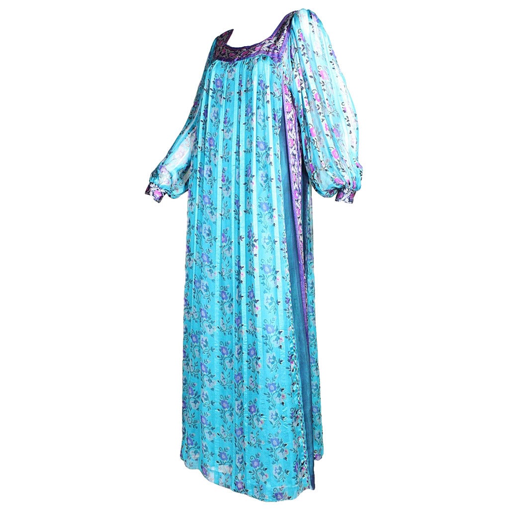 1970's Raksha Turquoise Silk Chiffon Maxi Dress