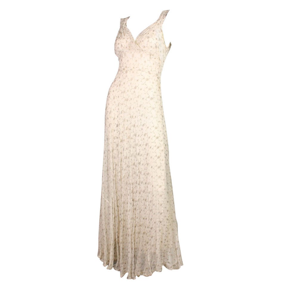 Gold Embroidered Chiffon Gown, 1930s  For Sale