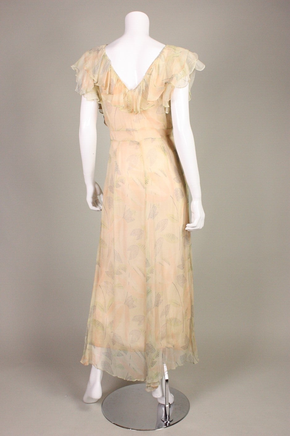 Beige 1930's Floral Printed Chiffon Dress