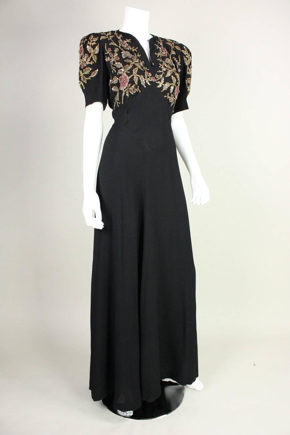 Black 1940's Crepe Gown with Beaded Bodice