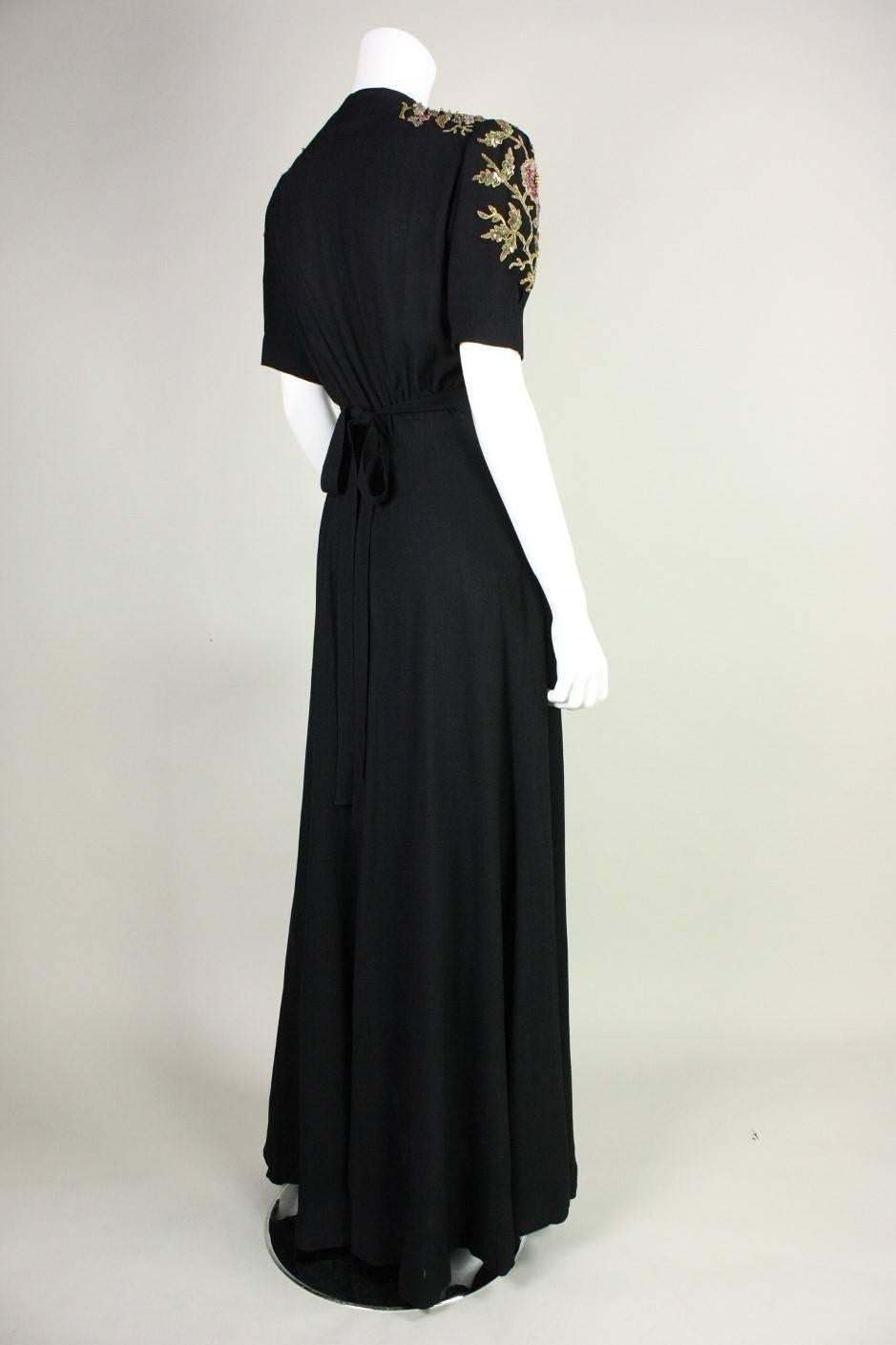 1940's Crepe Gown with Beaded Bodice In Excellent Condition In Los Angeles, CA