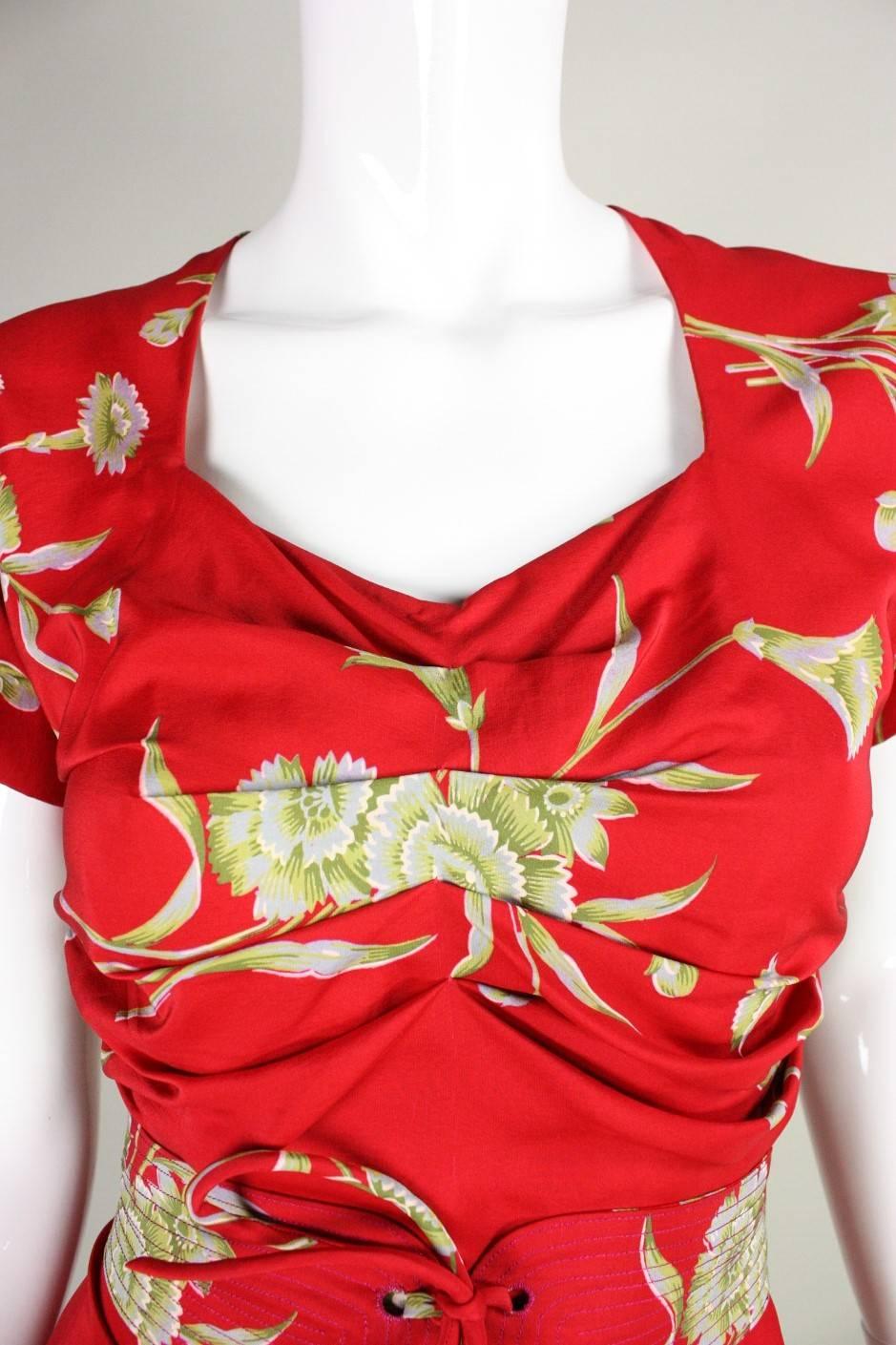 1940's Red Silk Floral Dress with Ruched Detailing 2