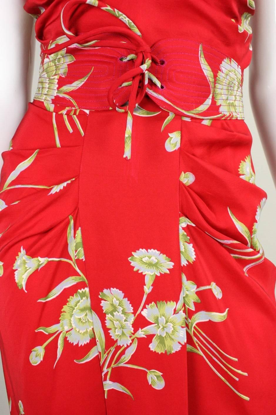 1940's Red Silk Floral Dress with Ruched Detailing 3