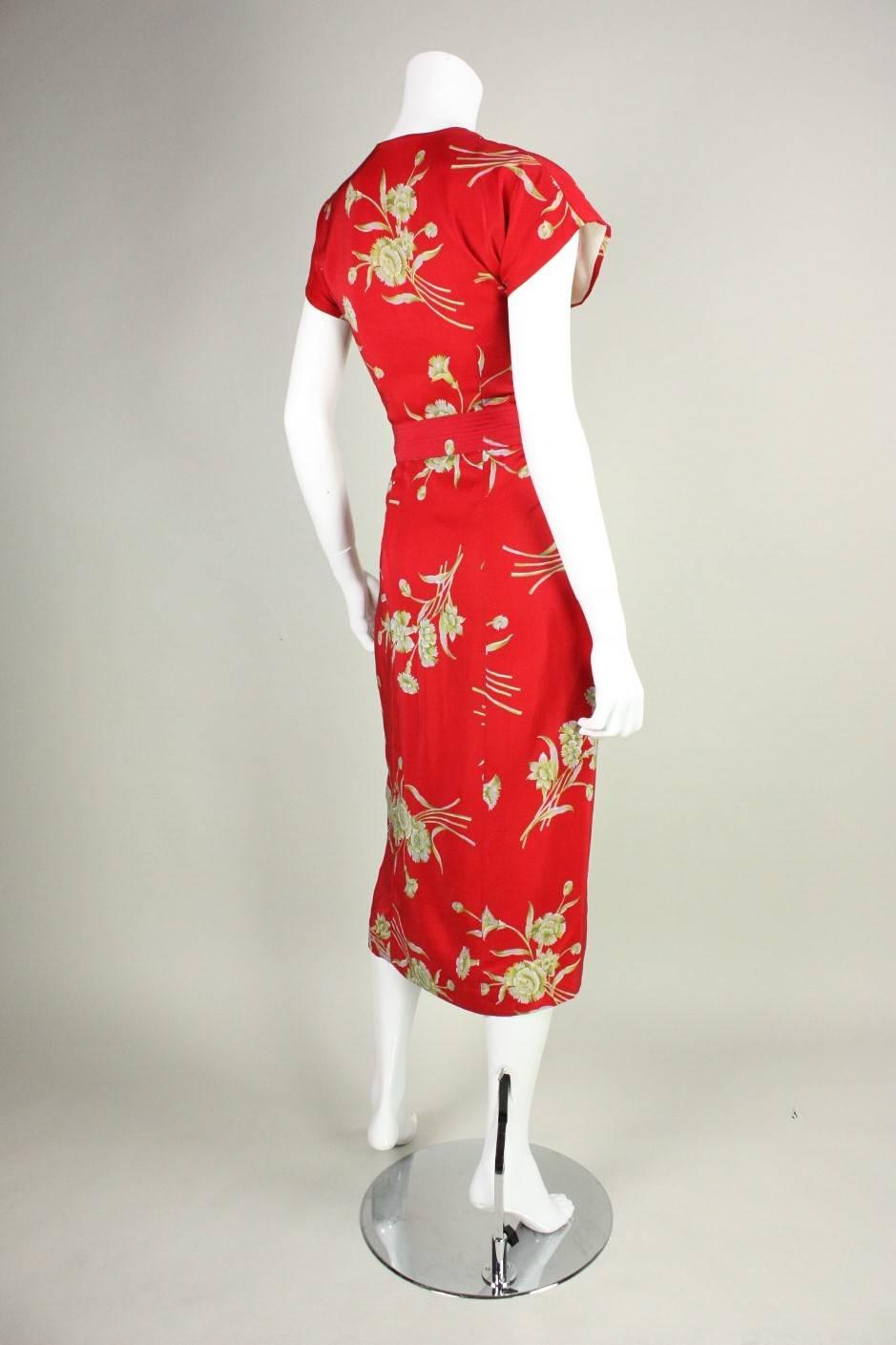 Women's 1940's Red Silk Floral Dress with Ruched Detailing