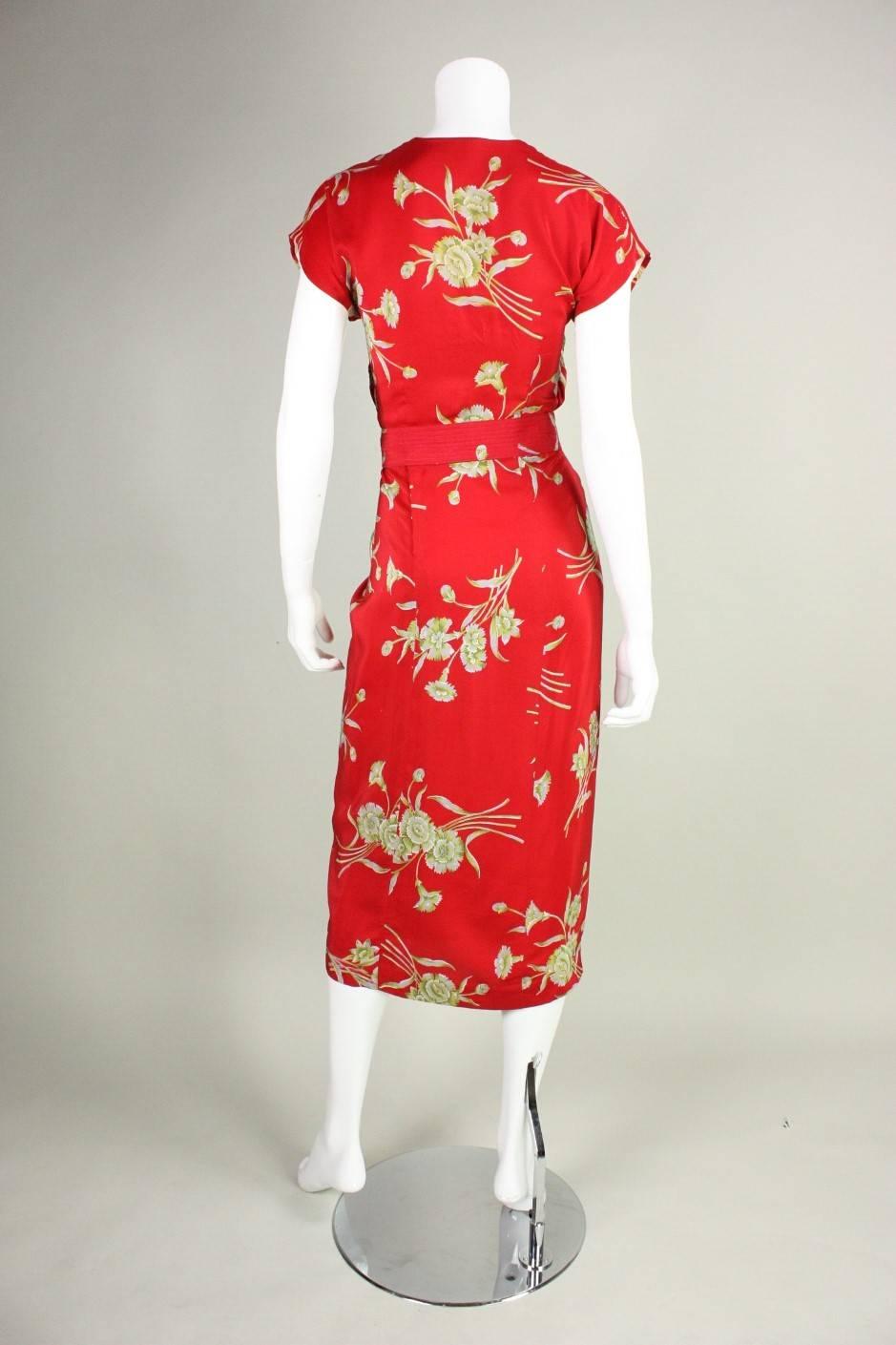 1940's Red Silk Floral Dress with Ruched Detailing 1