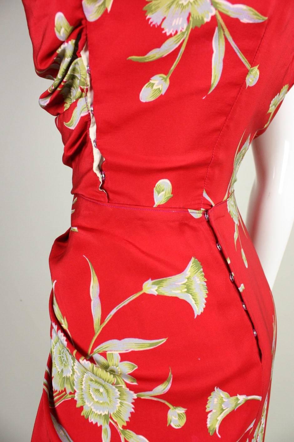 1940's Red Silk Floral Dress with Ruched Detailing 4