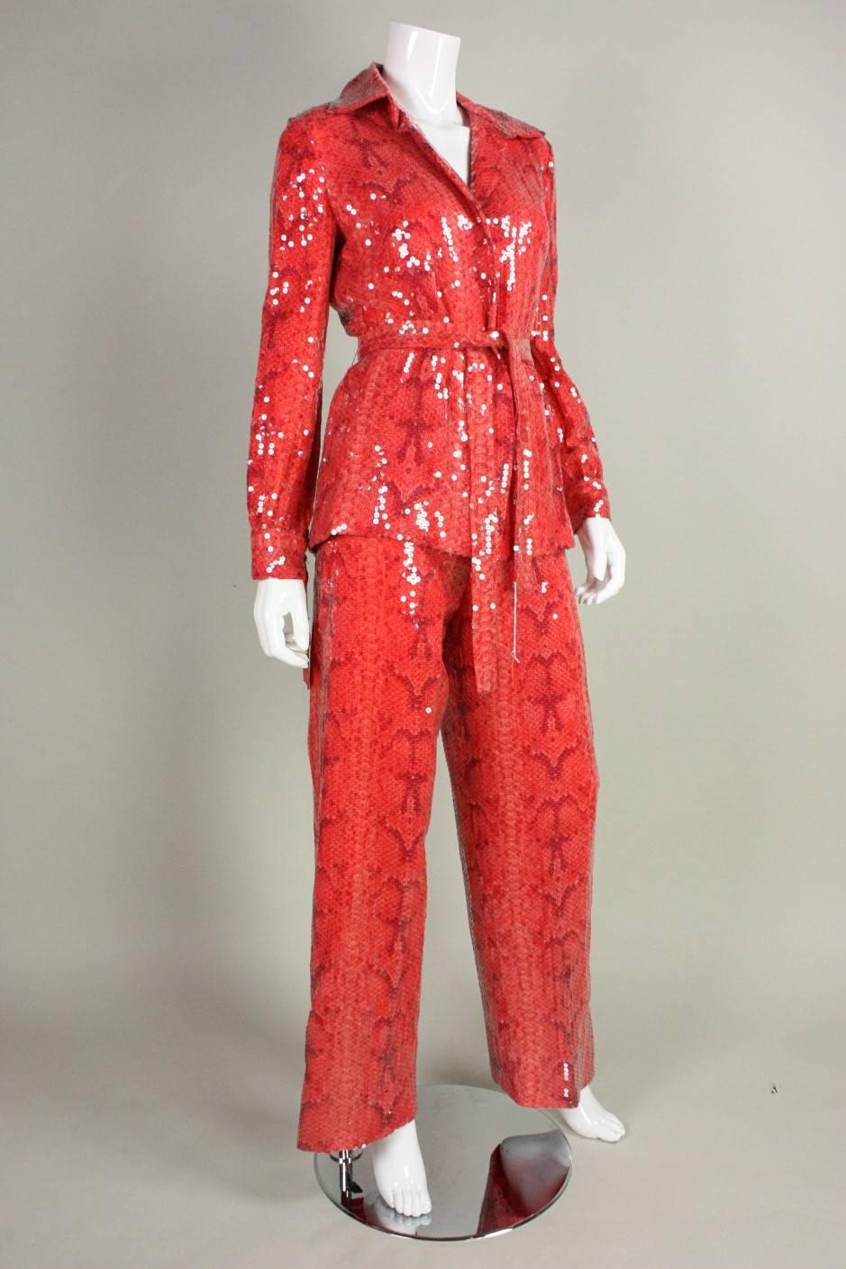 1970's Bill Blass Snakeskin Printed Sequined Ensemble In New Condition In Los Angeles, CA