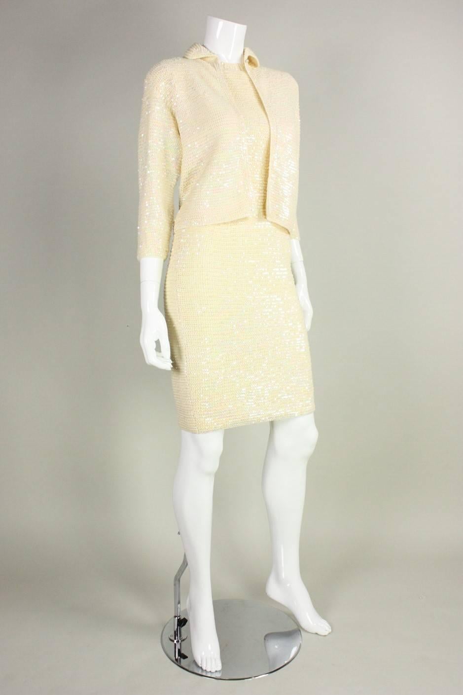 Beige 1960's Anna Giovannozzi Sequined Knit Ensemble For Sale