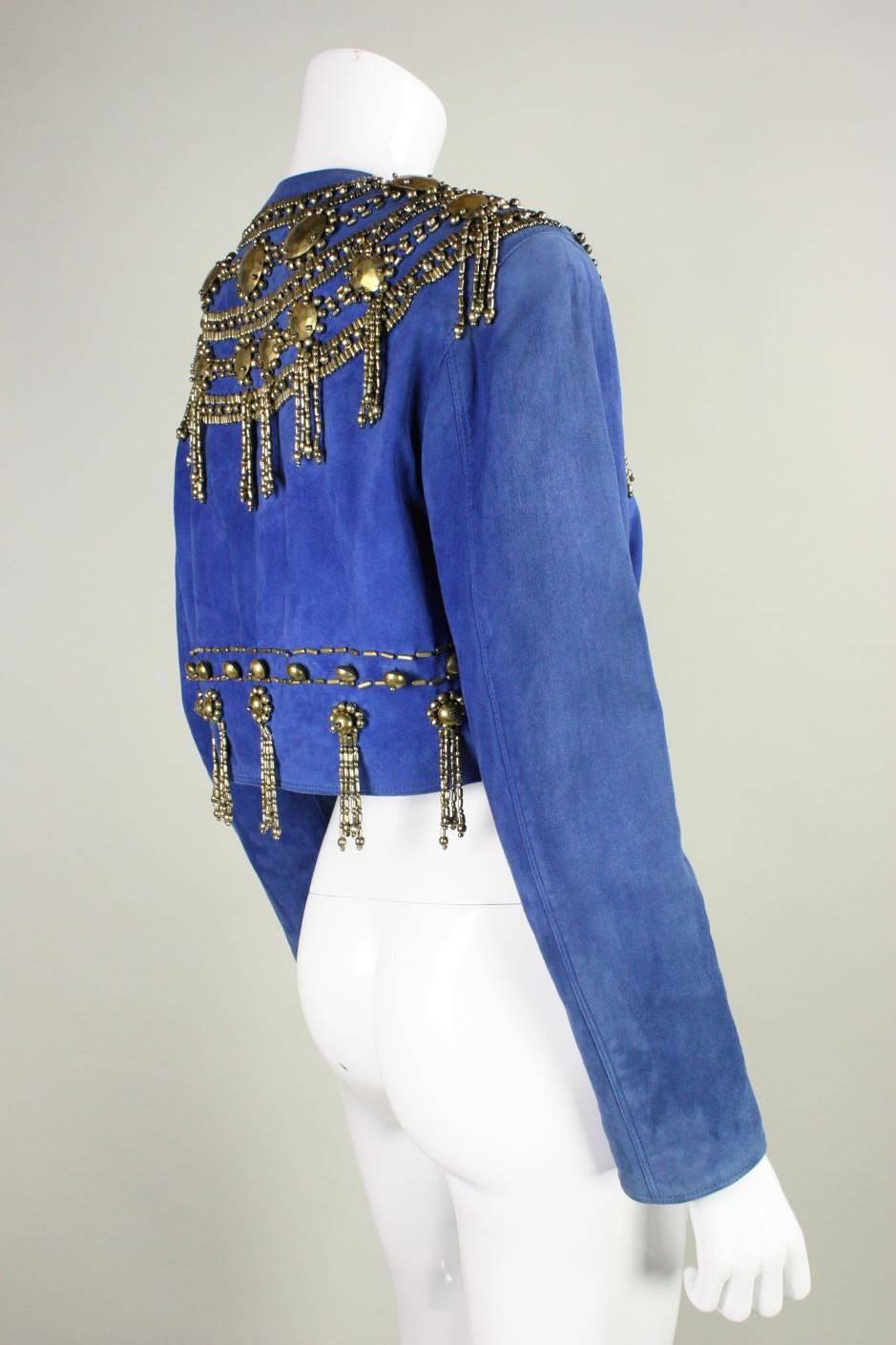 1990's Gianni Versace Beaded Blue Suede Jacket In Good Condition For Sale In Los Angeles, CA