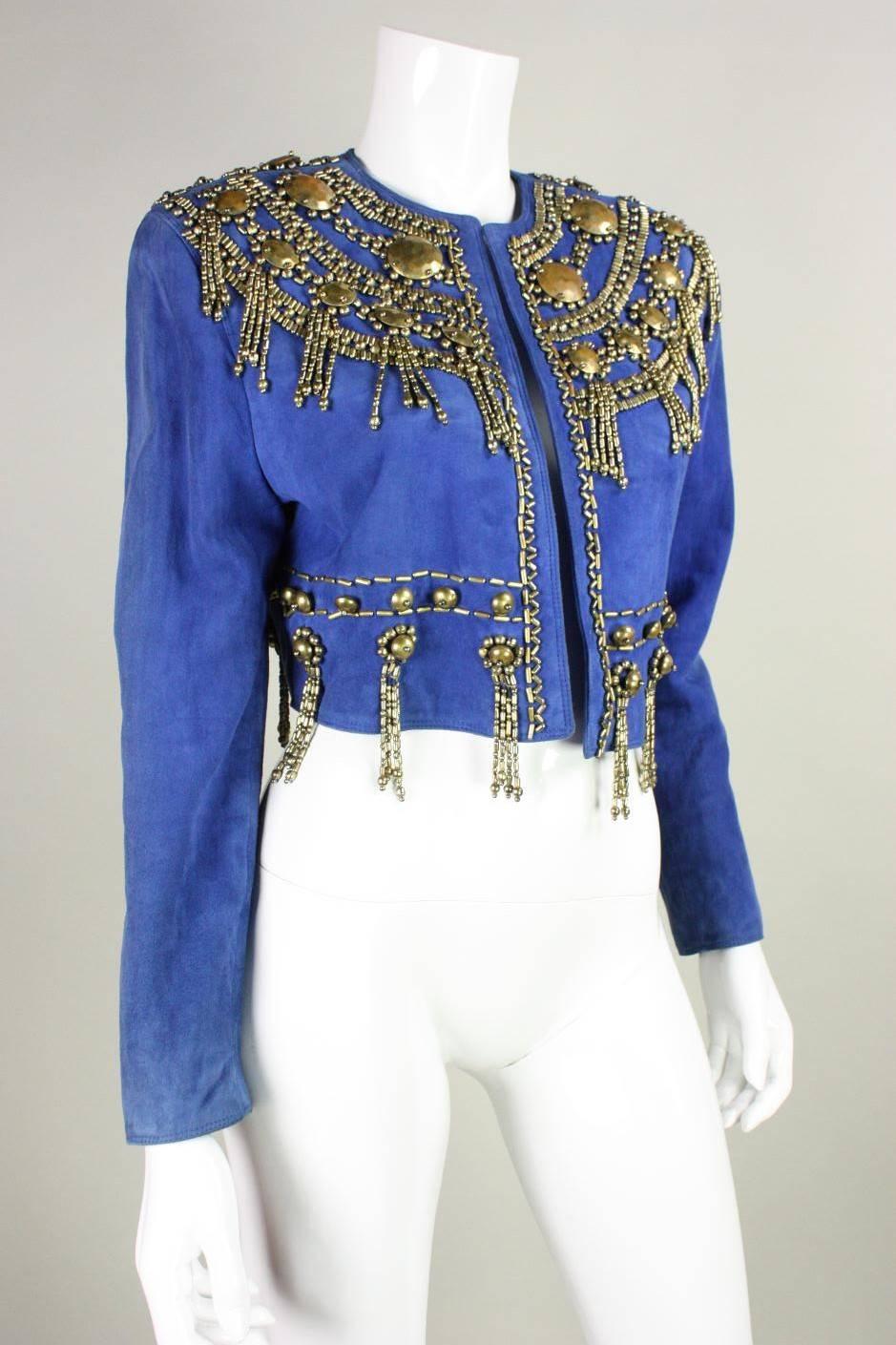 Purple 1990's Gianni Versace Beaded Blue Suede Jacket For Sale