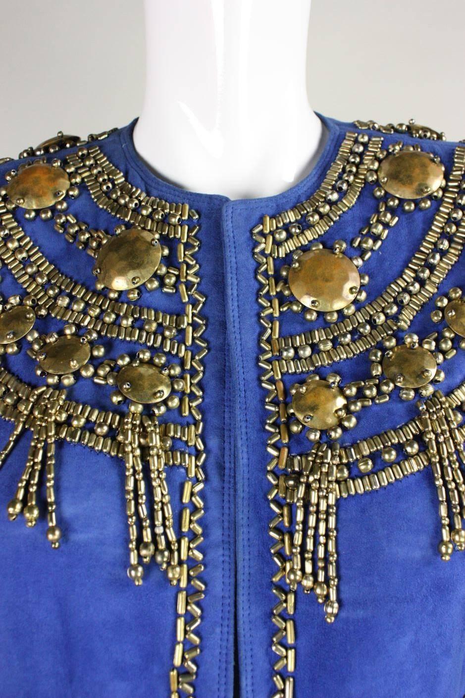 1990's Gianni Versace Beaded Blue Suede Jacket For Sale 2