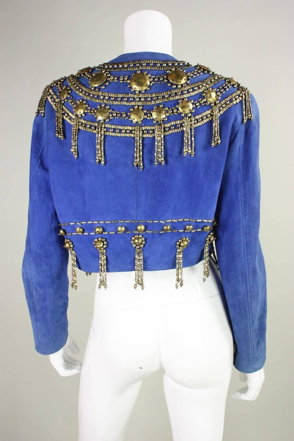 Women's 1990's Gianni Versace Beaded Blue Suede Jacket For Sale
