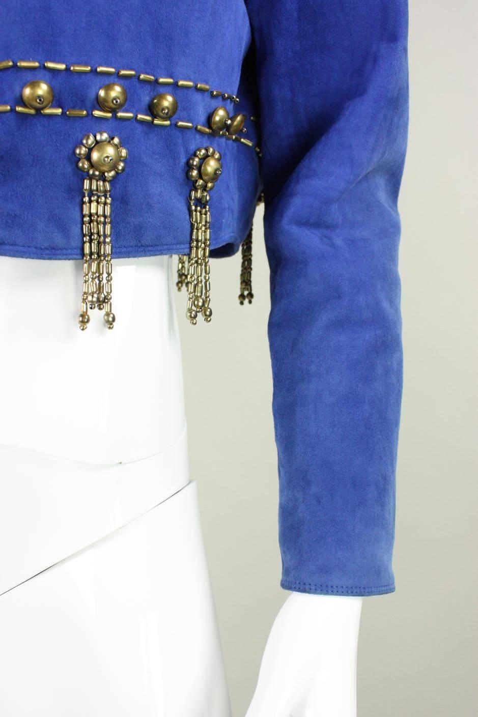 1990's Gianni Versace Beaded Blue Suede Jacket For Sale 3