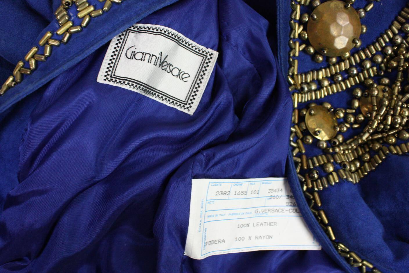 1990's Gianni Versace Beaded Blue Suede Jacket For Sale 4