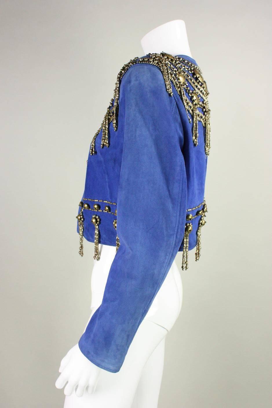 1990's Gianni Versace Beaded Blue Suede Jacket For Sale 1