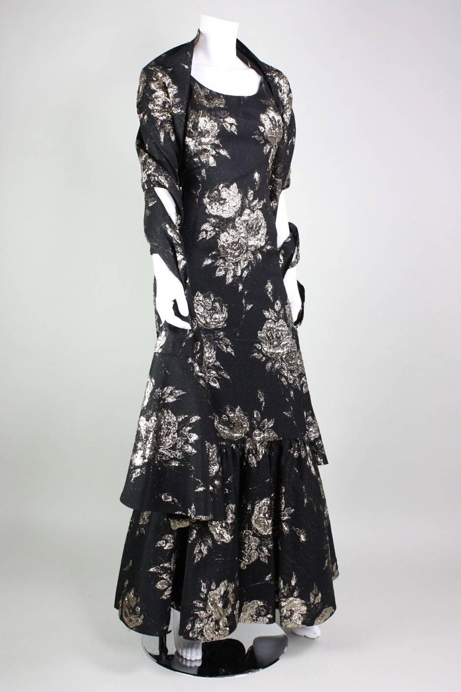 Black 1950s Maxwell Shieff Brocade Fishtail Gown and Wrap