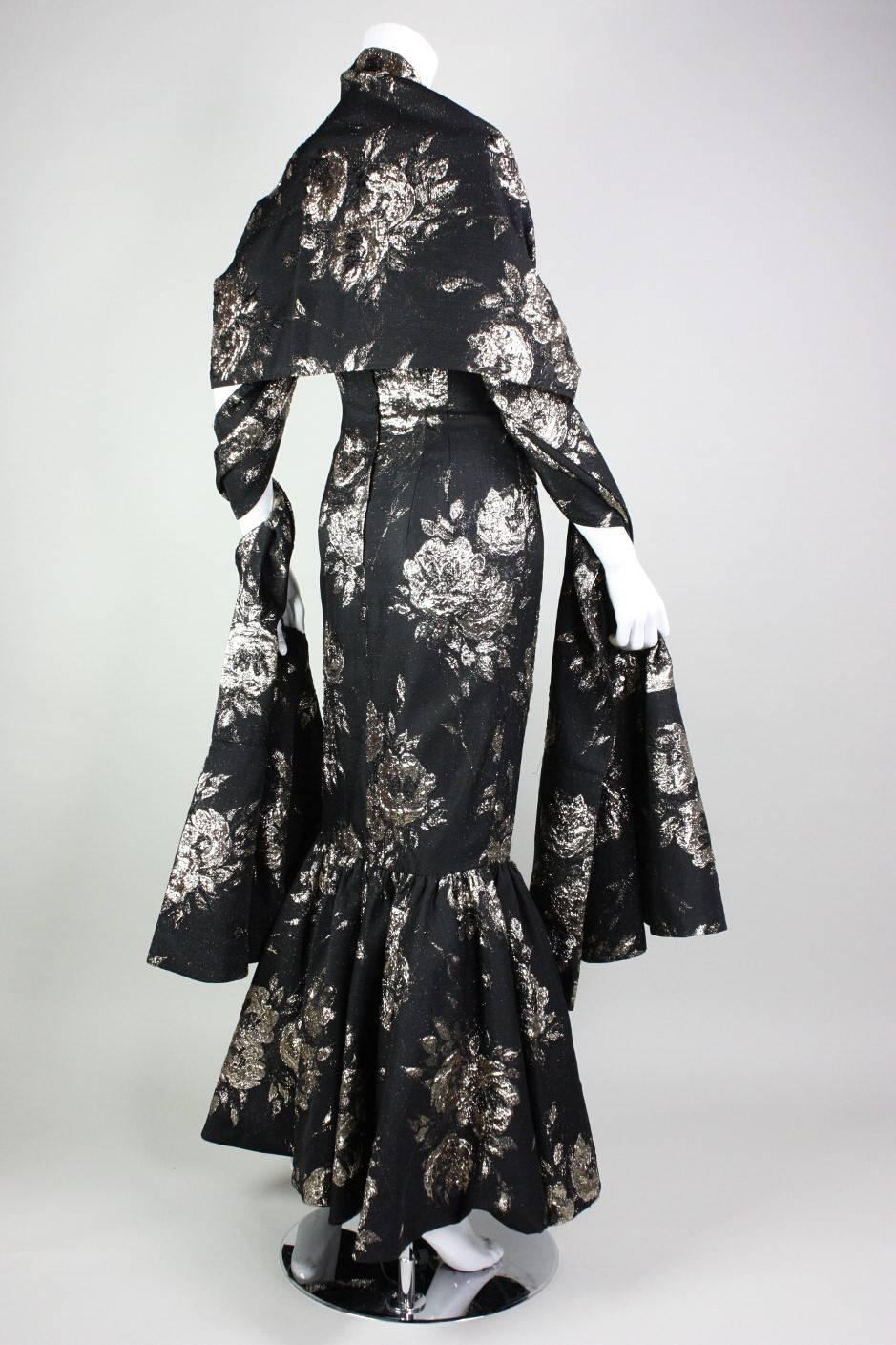 1950s Maxwell Shieff Brocade Fishtail Gown and Wrap In Excellent Condition In Los Angeles, CA