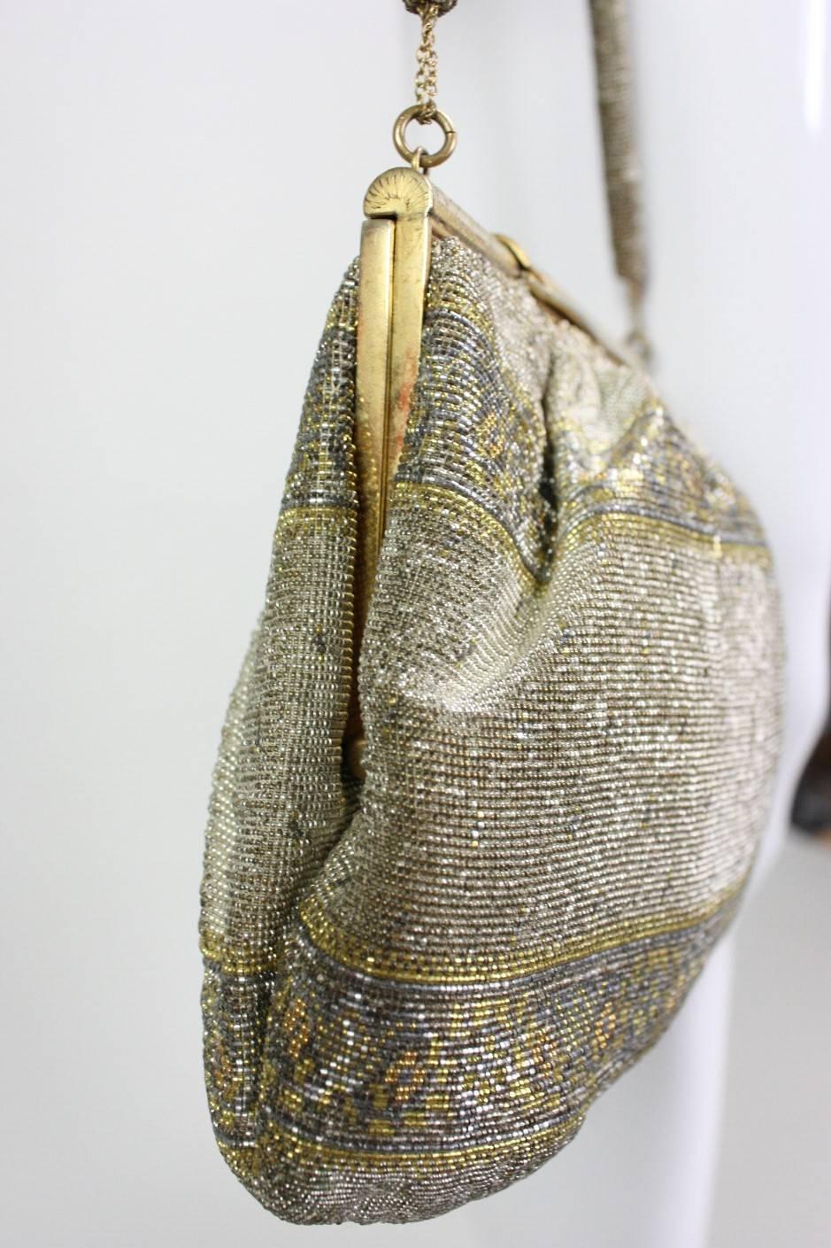 Brown 1950's Metallic Beaded Handbag Made in France For Sale