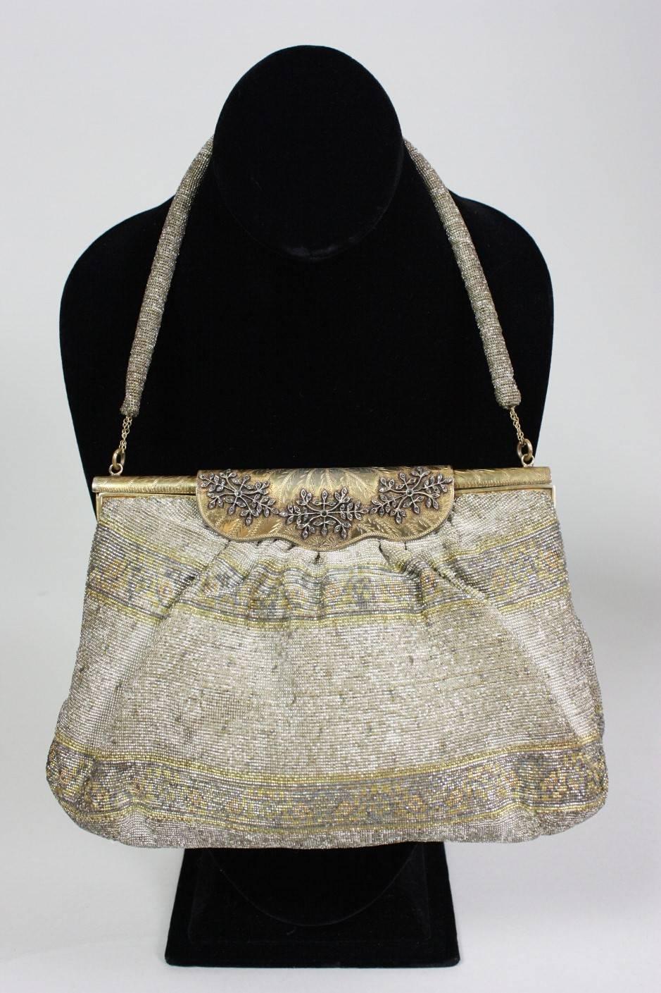 Women's 1950's Metallic Beaded Handbag Made in France For Sale