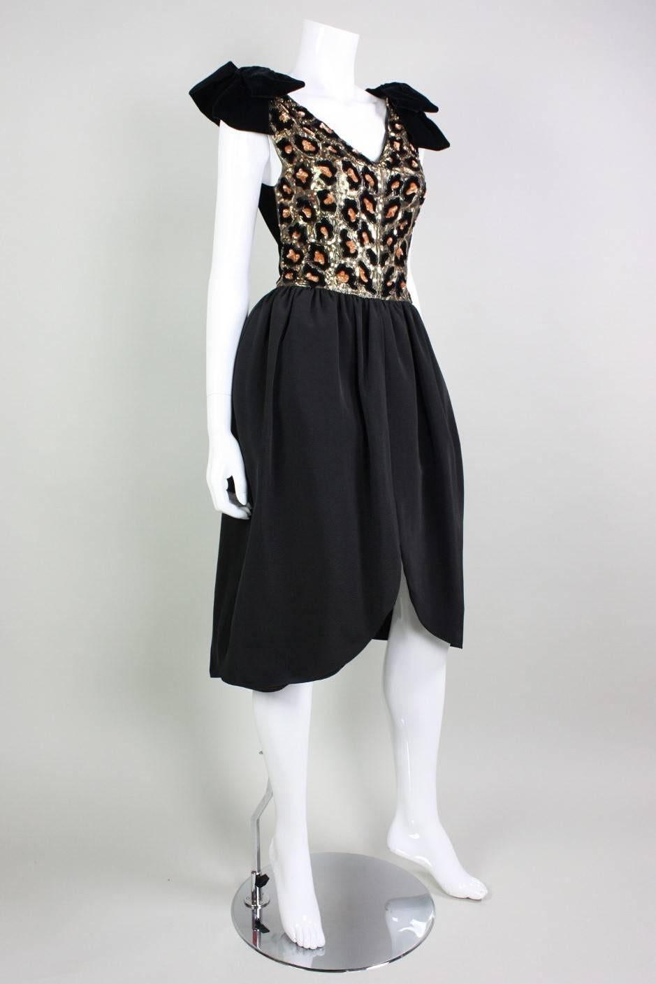 Black 1980's Christian Dior Leopard Printed Sequined Cocktail Dress For Sale