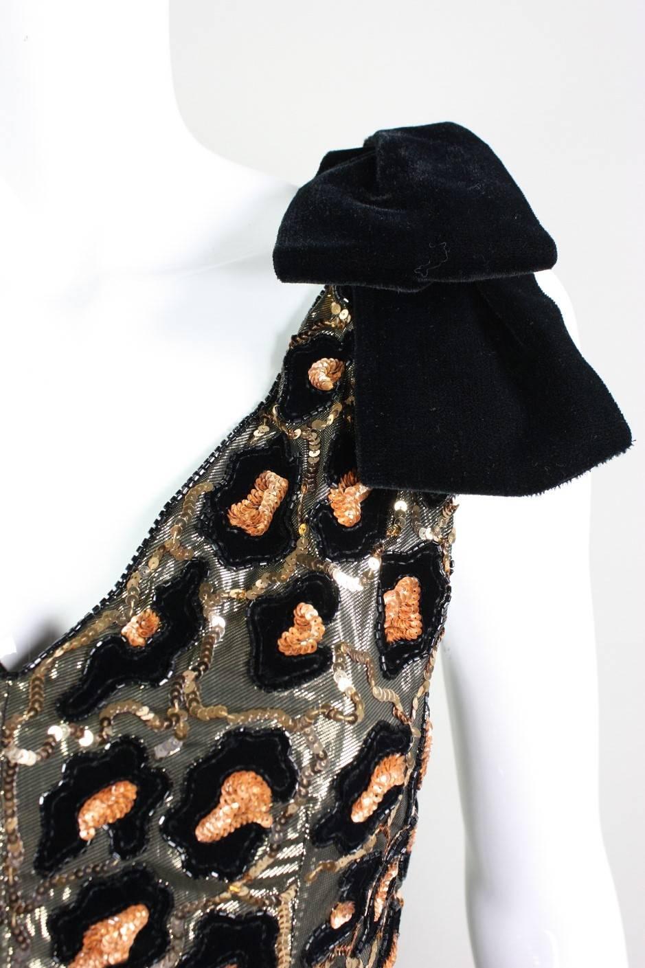 1980's Christian Dior Leopard Printed Sequined Cocktail Dress For Sale 1