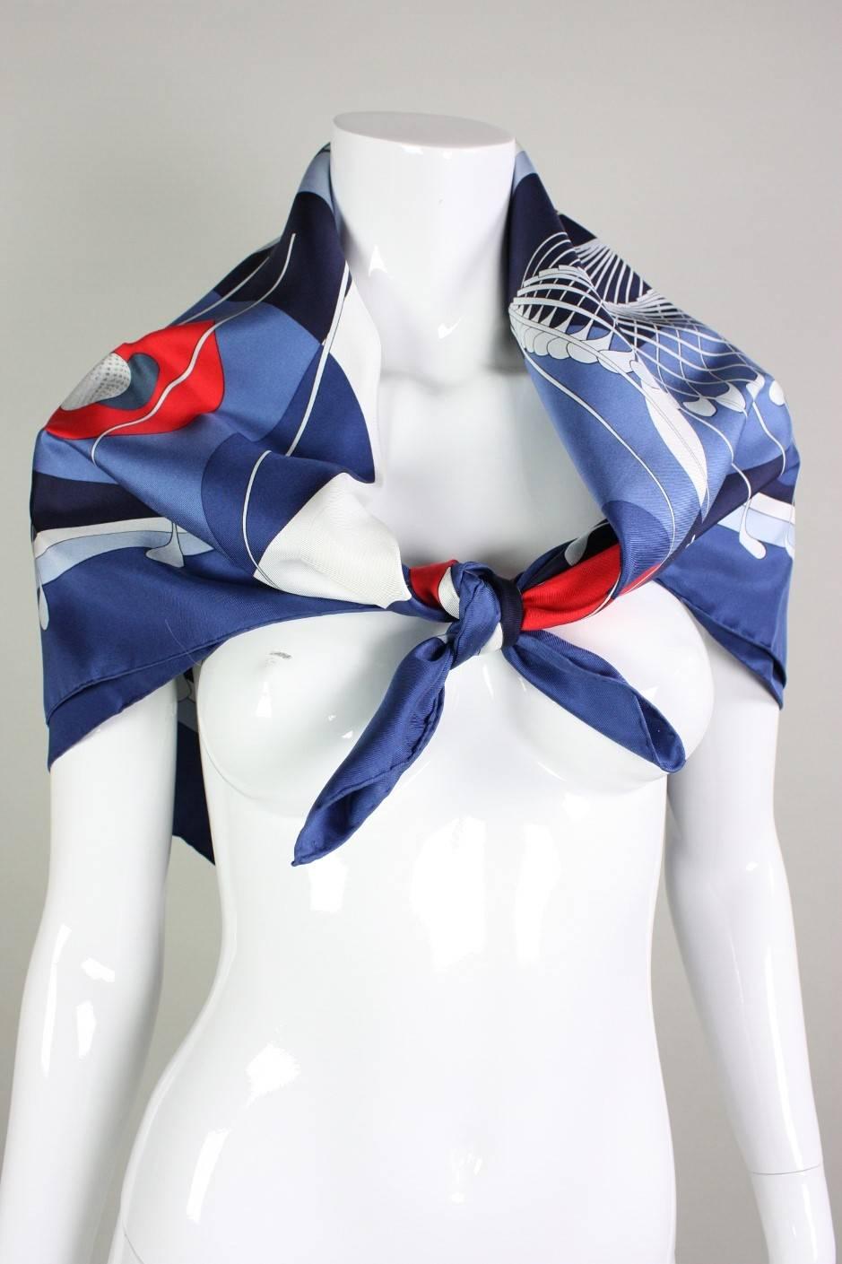 Fun Hermes scarf with print by Julia Abadie is made of a thick silk twill with rolled and hand-stitched edges.  Title of this scarf is 