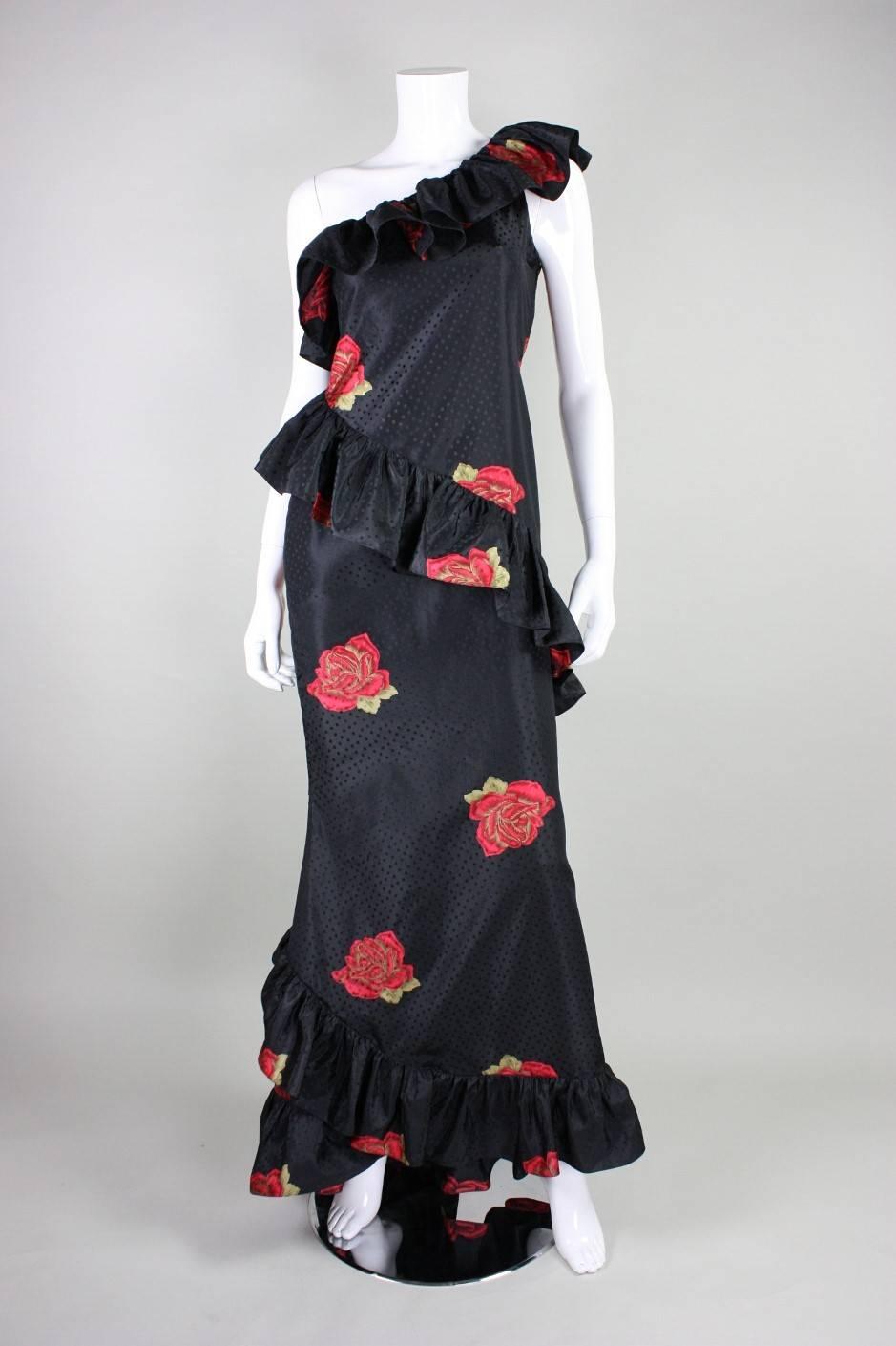 Black Vintage Silk Gown with Ruffled Detailing