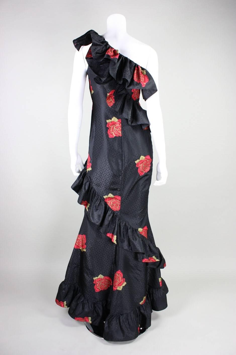 Women's Vintage Silk Gown with Ruffled Detailing