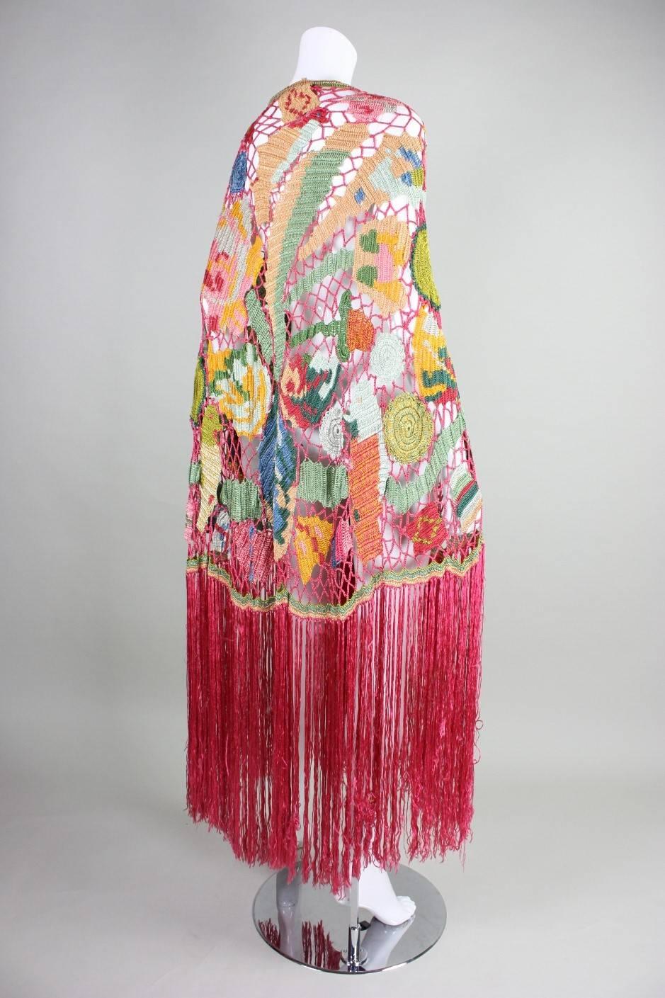 1920's Polychrome Crocheted & Fringed Rayon Shawl In Excellent Condition In Los Angeles, CA