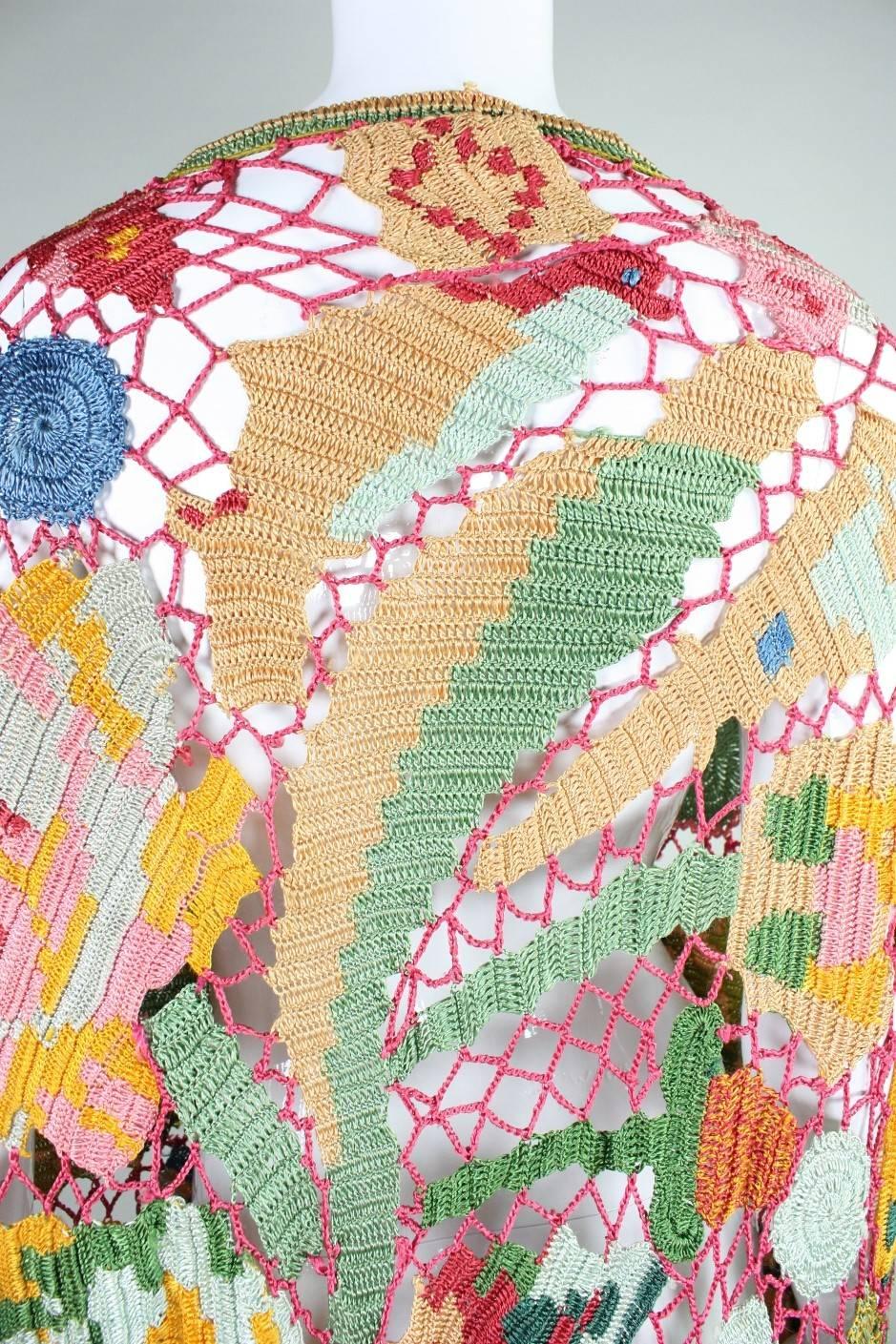 1920's Polychrome Crocheted & Fringed Rayon Shawl 3