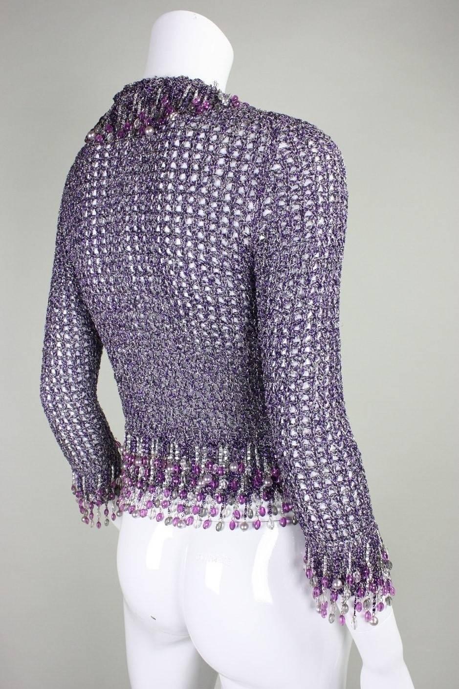 Gray 1970's Loris Azzaro Metallic Purple Sweater with Beaded Trim