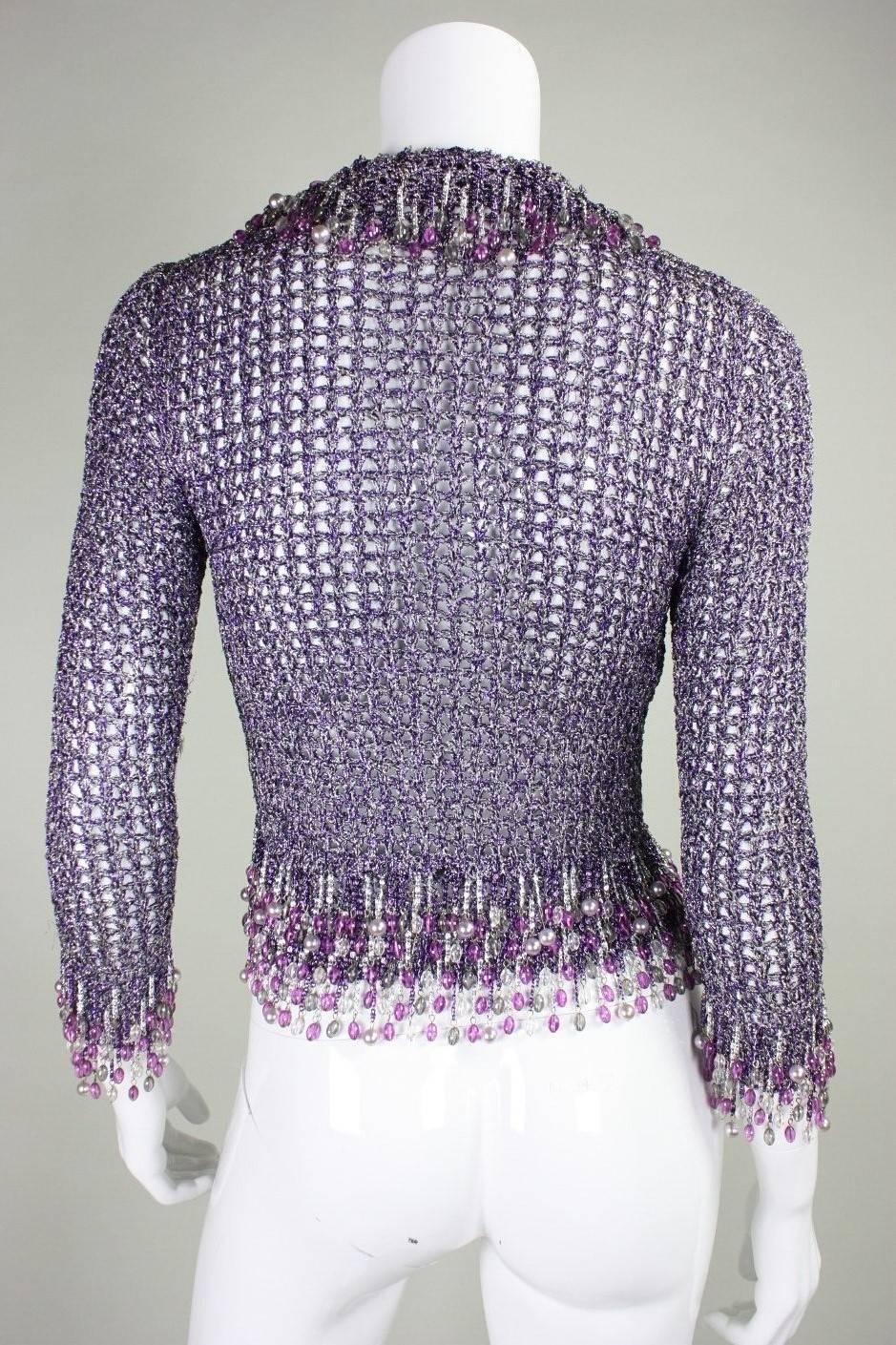 1970's Loris Azzaro Metallic Purple Sweater with Beaded Trim In Excellent Condition In Los Angeles, CA