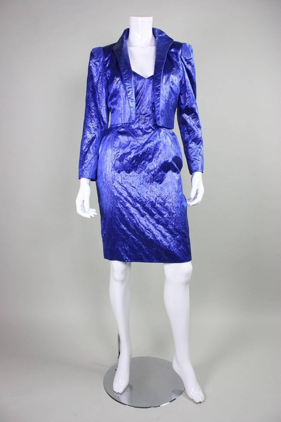 Purple 1980's Loris Azzaro Geometric Cocktail Dress & Jacket For Sale