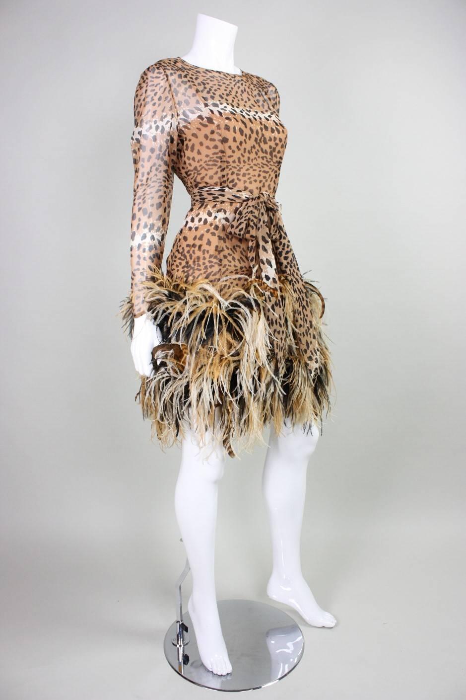 Brown 1990 Bill Blass Chiffon Cocktail Dress with Animal Print & Feather Trim