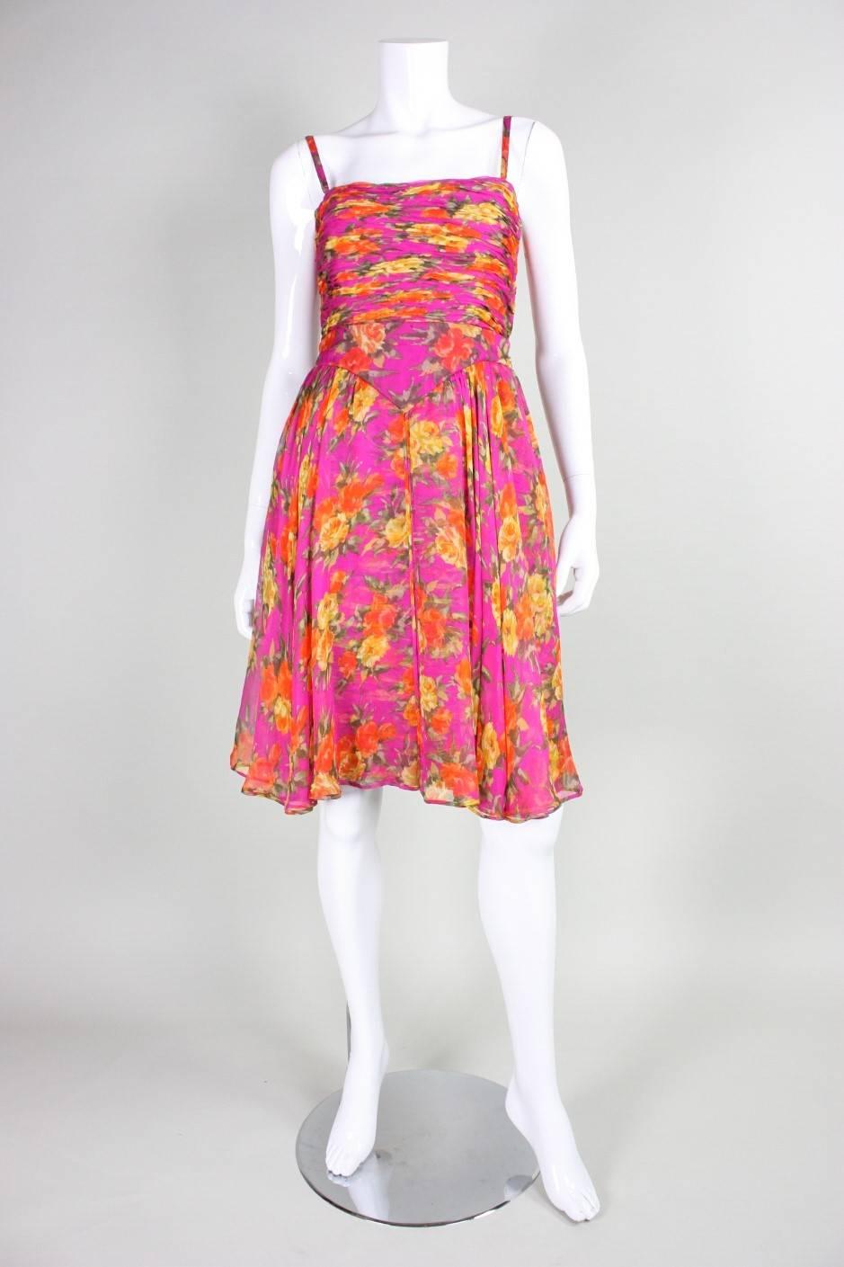 Pink 1990's Valentino Floral Printed Silk Chiffon Cocktail Dress For Sale