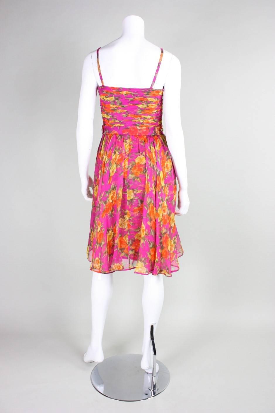 1990's Valentino Floral Printed Silk Chiffon Cocktail Dress For Sale 1