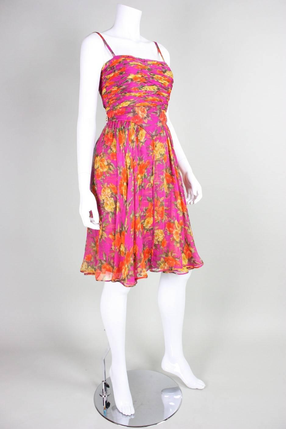 1990's Valentino Floral Printed Silk Chiffon Cocktail Dress In Excellent Condition For Sale In Los Angeles, CA
