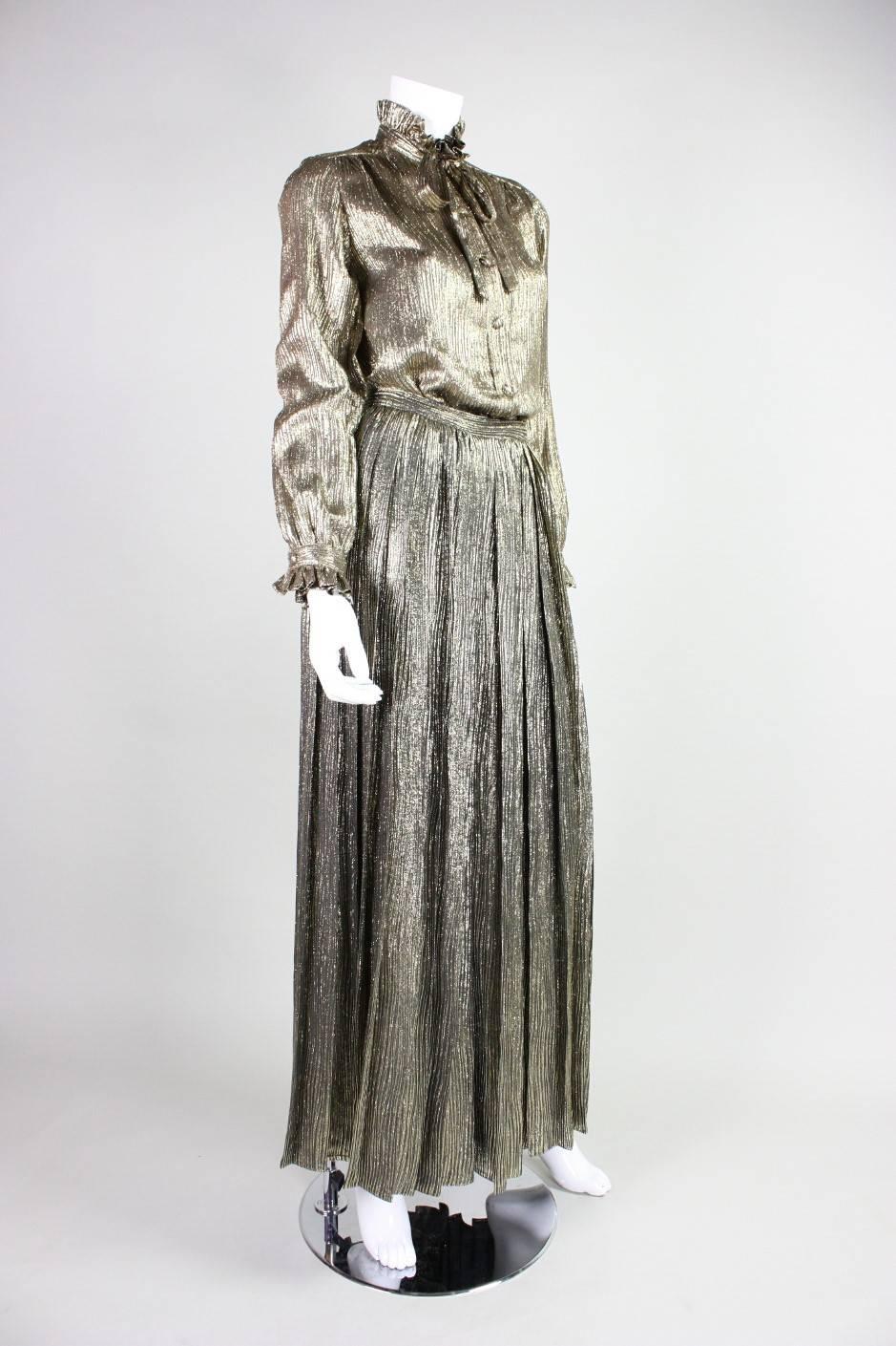 1970's Adolfo Gold Palazzo Pants Ensemble In Excellent Condition In Los Angeles, CA