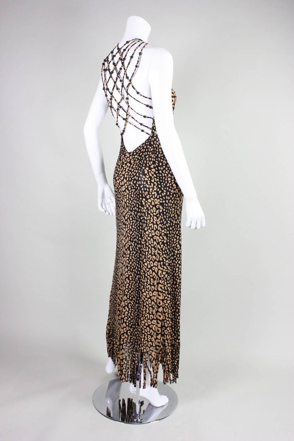 Women's 1970's Loris Azzaro Leopard-Printed Jersey Gown with Beaded Lattice Back