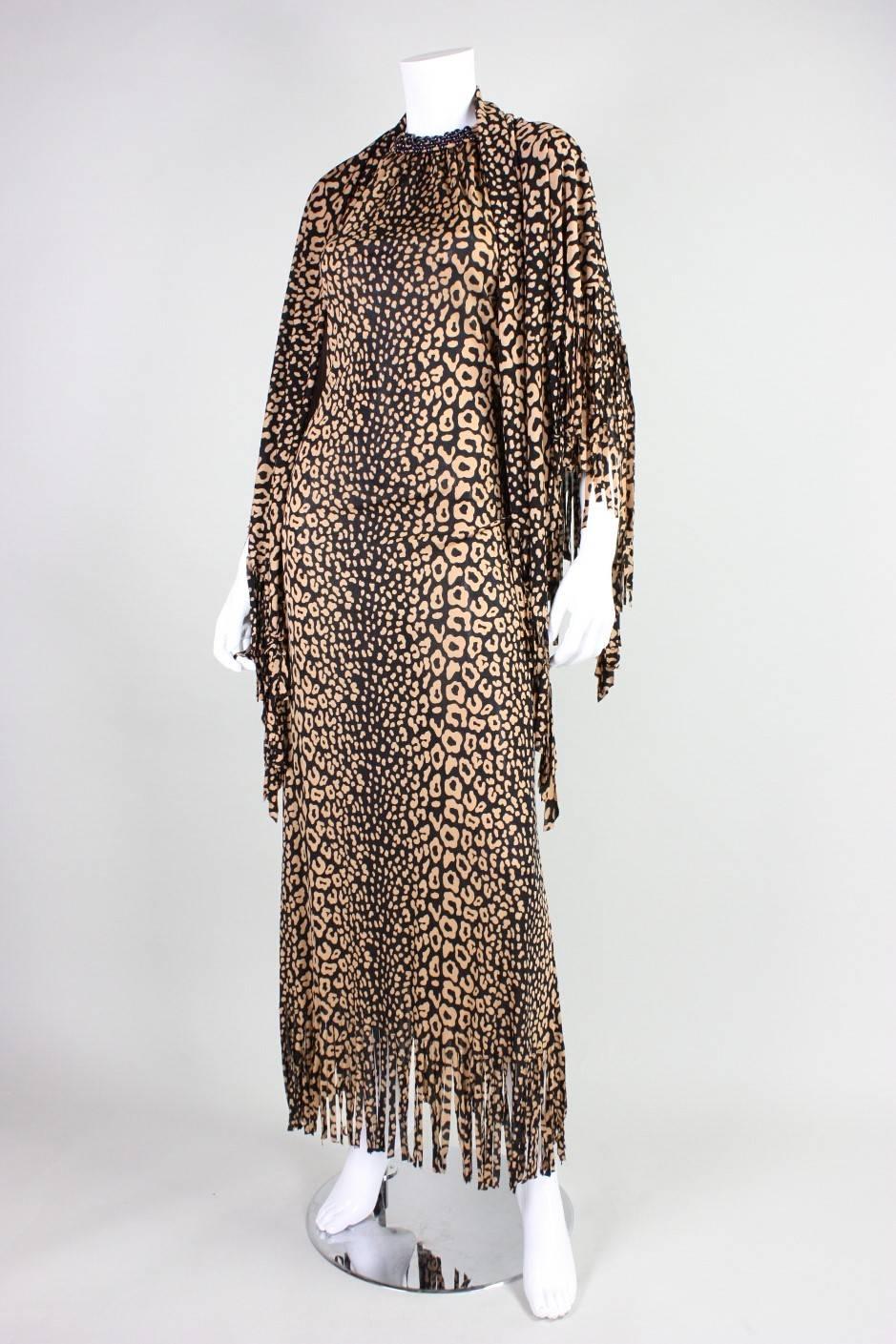 1970's Loris Azzaro Leopard-Printed Jersey Gown with Beaded Lattice Back 1