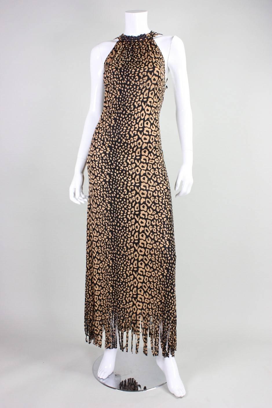 Black 1970's Loris Azzaro Leopard-Printed Jersey Gown with Beaded Lattice Back