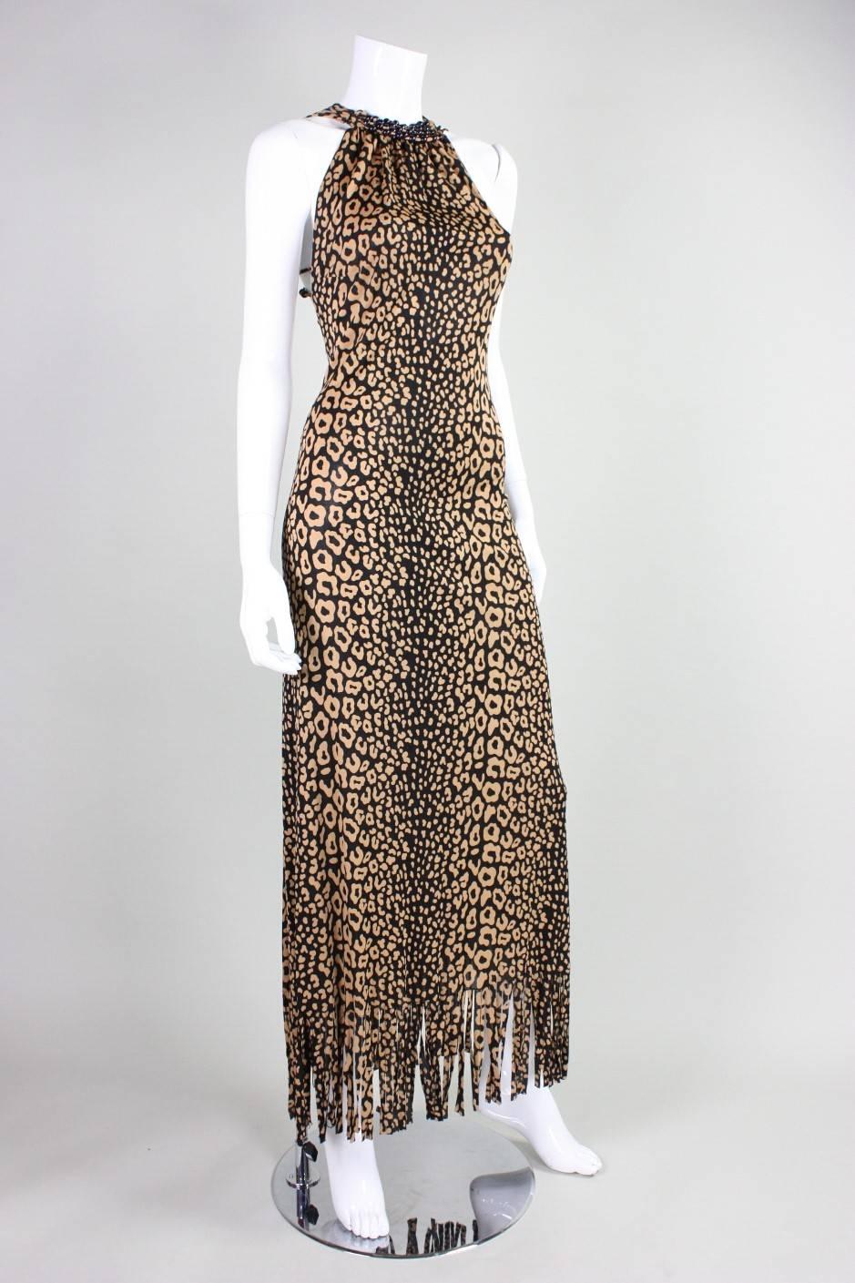 1970's Loris Azzaro Leopard-Printed Jersey Gown with Beaded Lattice Back In Excellent Condition In Los Angeles, CA