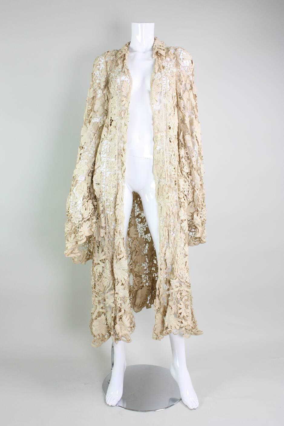 Beige Edwardian Battenburg Lace Coat with Bell Sleeves For Sale