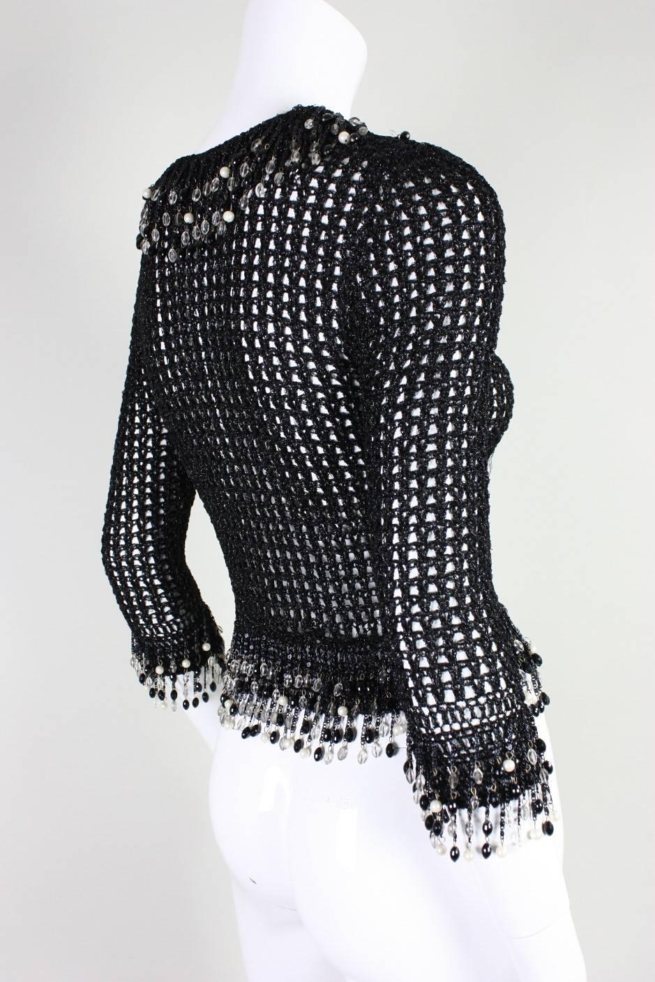 1970s Loris Azzaro Black Cardigan with Beaded Fringe In Excellent Condition For Sale In Los Angeles, CA