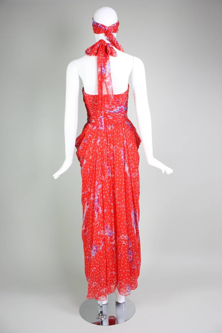 Givenchy Red Floral Silk Chiffon Gown, 1970s For Sale 1