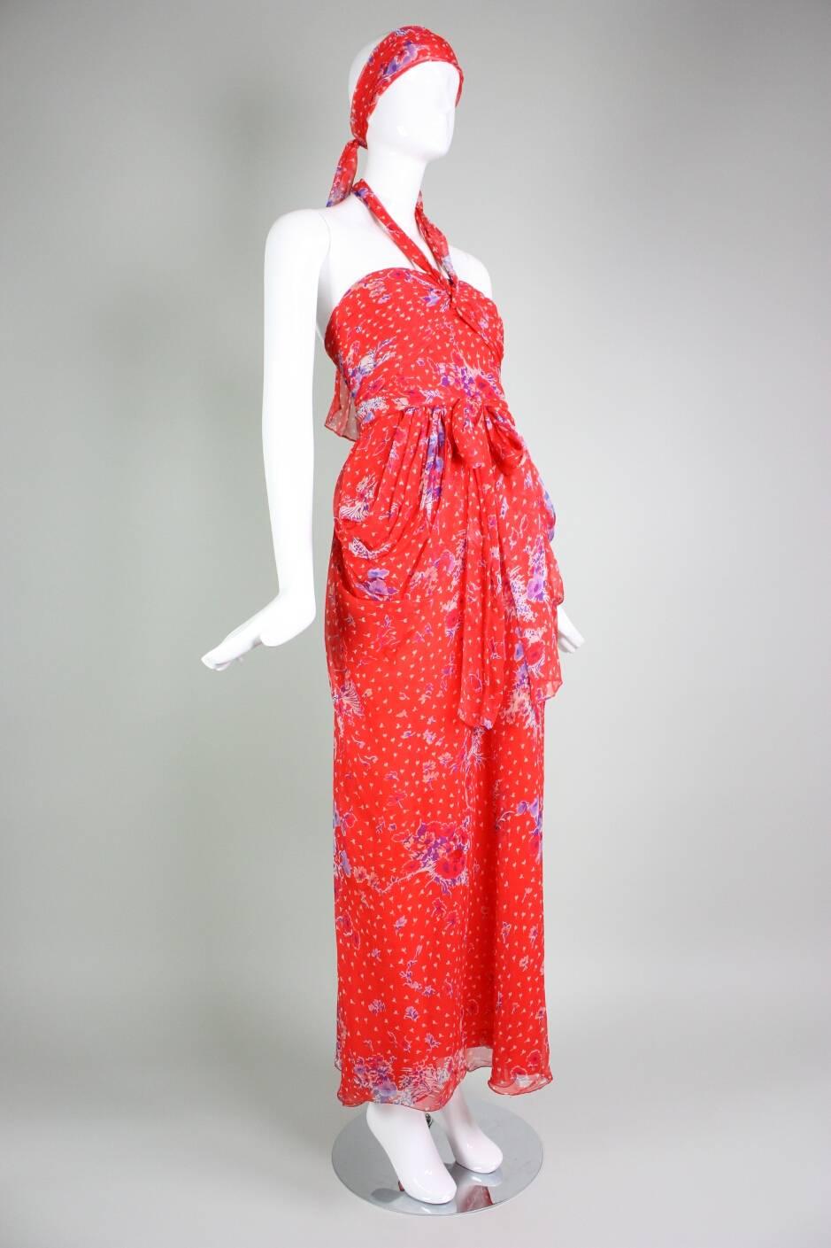 Givenchy Red Floral Silk Chiffon Gown, 1970s In Good Condition For Sale In Los Angeles, CA