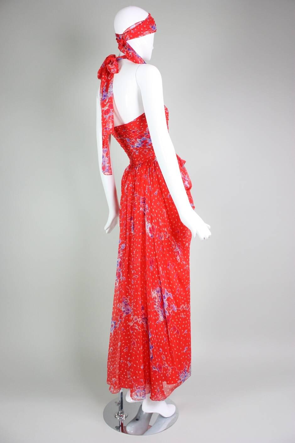 Women's Givenchy Red Floral Silk Chiffon Gown, 1970s For Sale