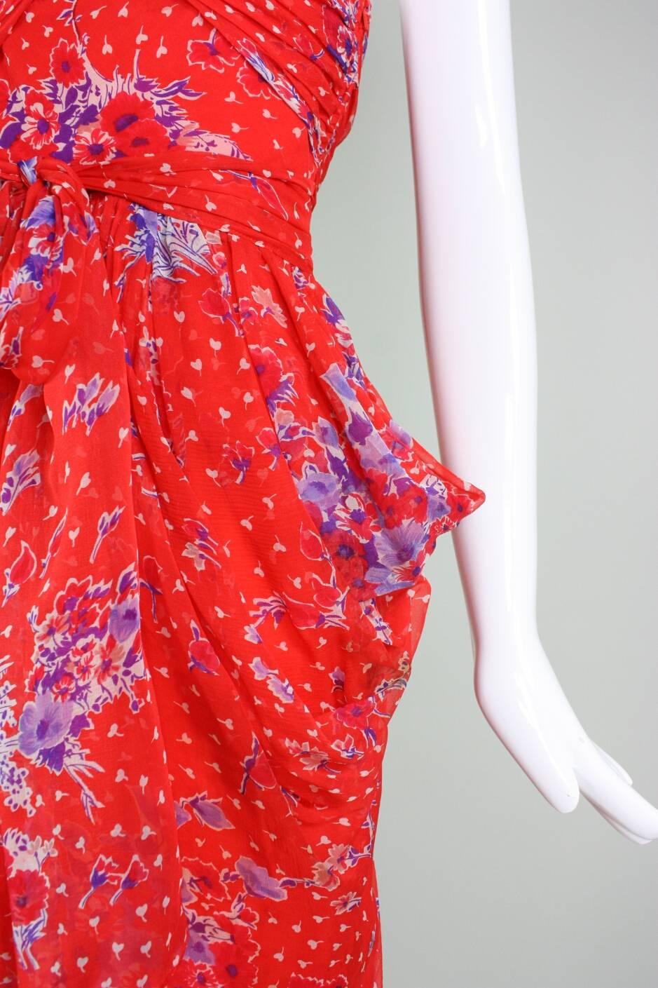 Givenchy Red Floral Silk Chiffon Gown, 1970s For Sale 3
